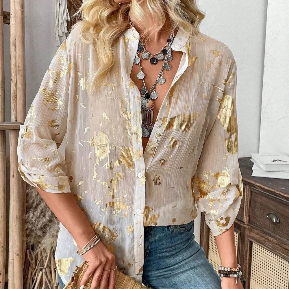 Boho Women's Full Printed Long Sleeve button down Shirt - Picture 7 of 8